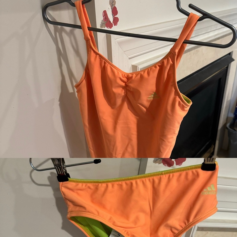 Adidas girls 2 piece swimsuit, reversible, orange/green, 14